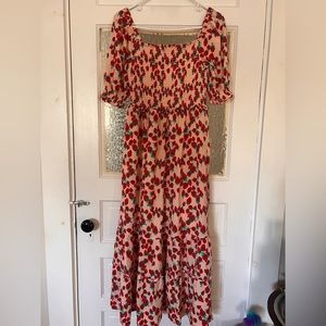 Betsey Johnson Strawberry Fields Smocked Pink Maxi Midi Dress Small